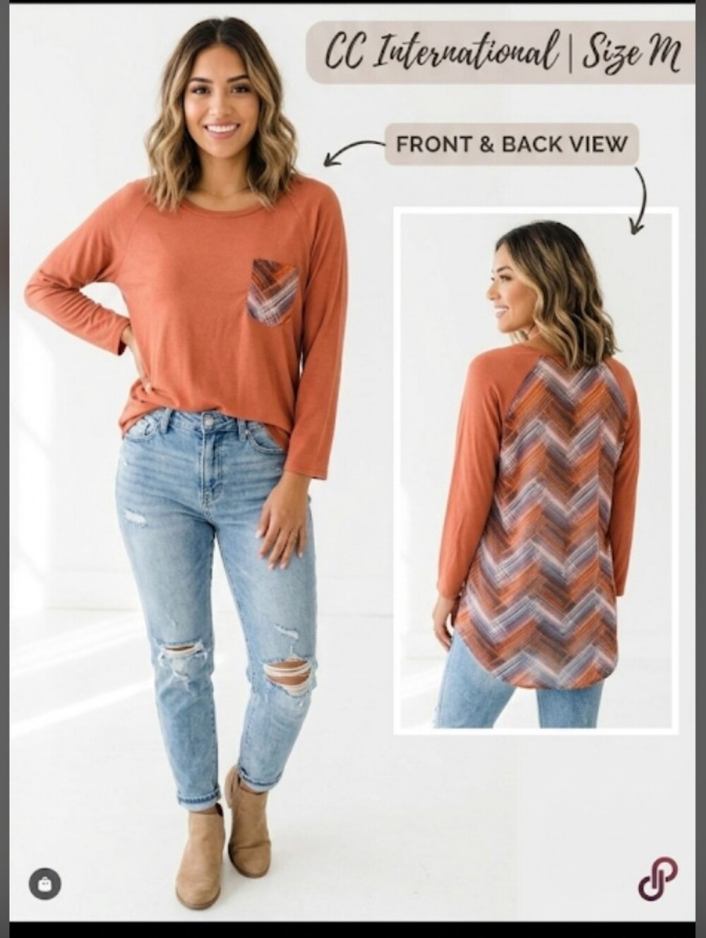 Like New! CC Misses Rust & Chevron Mixed Media Tunic Top – Medium